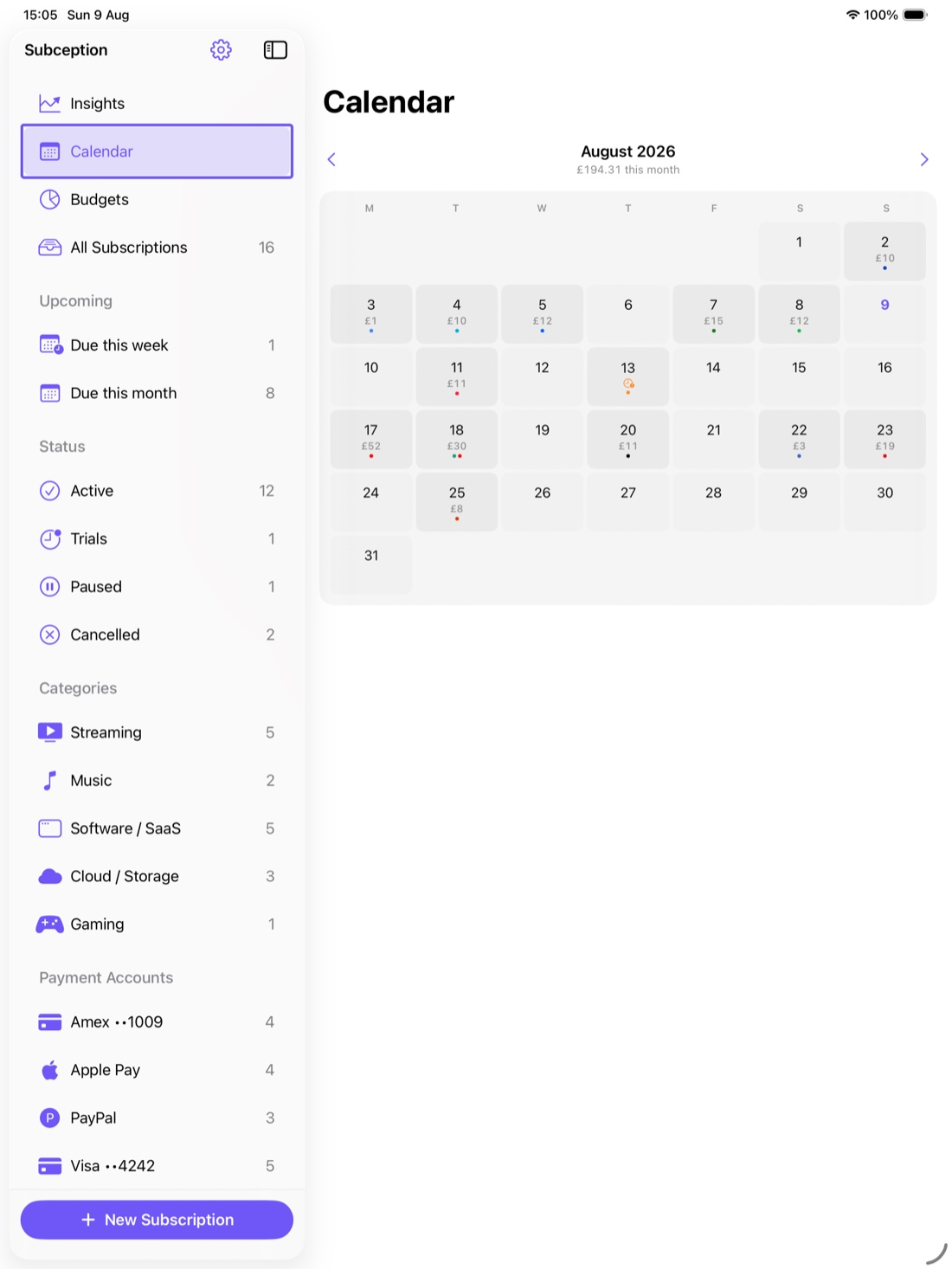 Subception on iPad showing the renewal calendar, a month grid with the amount due on each day.