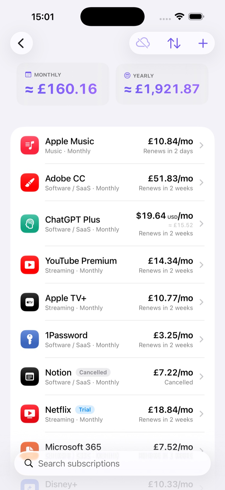 Subception on iPhone: the subscription list with the monthly and yearly spend header, including a dollar-priced subscription shown with its pound equivalent.