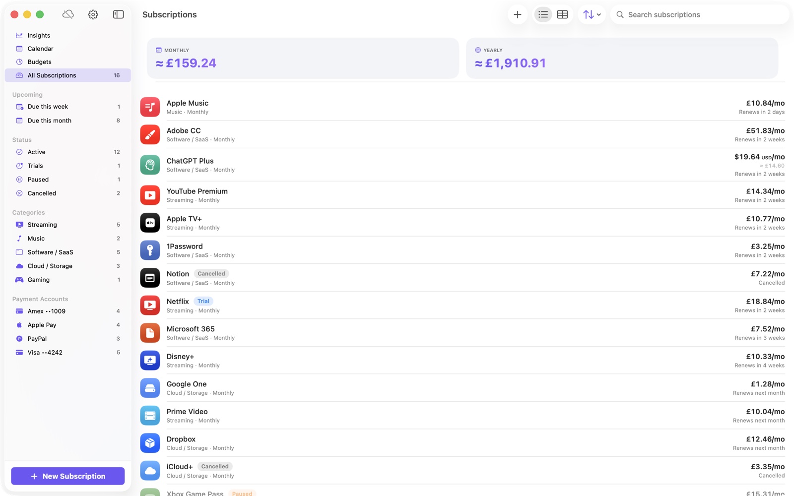 Subception on the Mac: a sidebar beside the subscription list, with monthly and yearly totals in the header.
